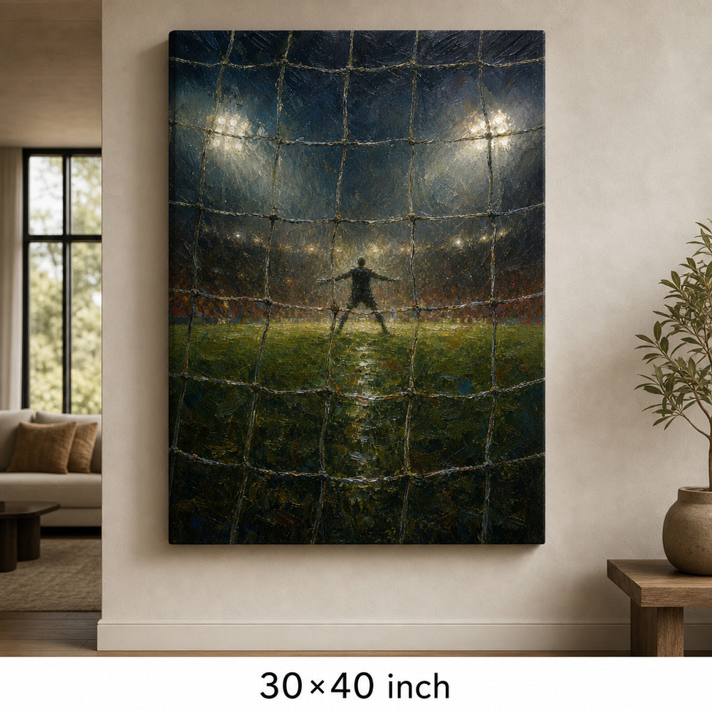 Goal Net Goalkeeper Gaze Football Oil Painting Canvas Wall Art — 30×40 room mockup