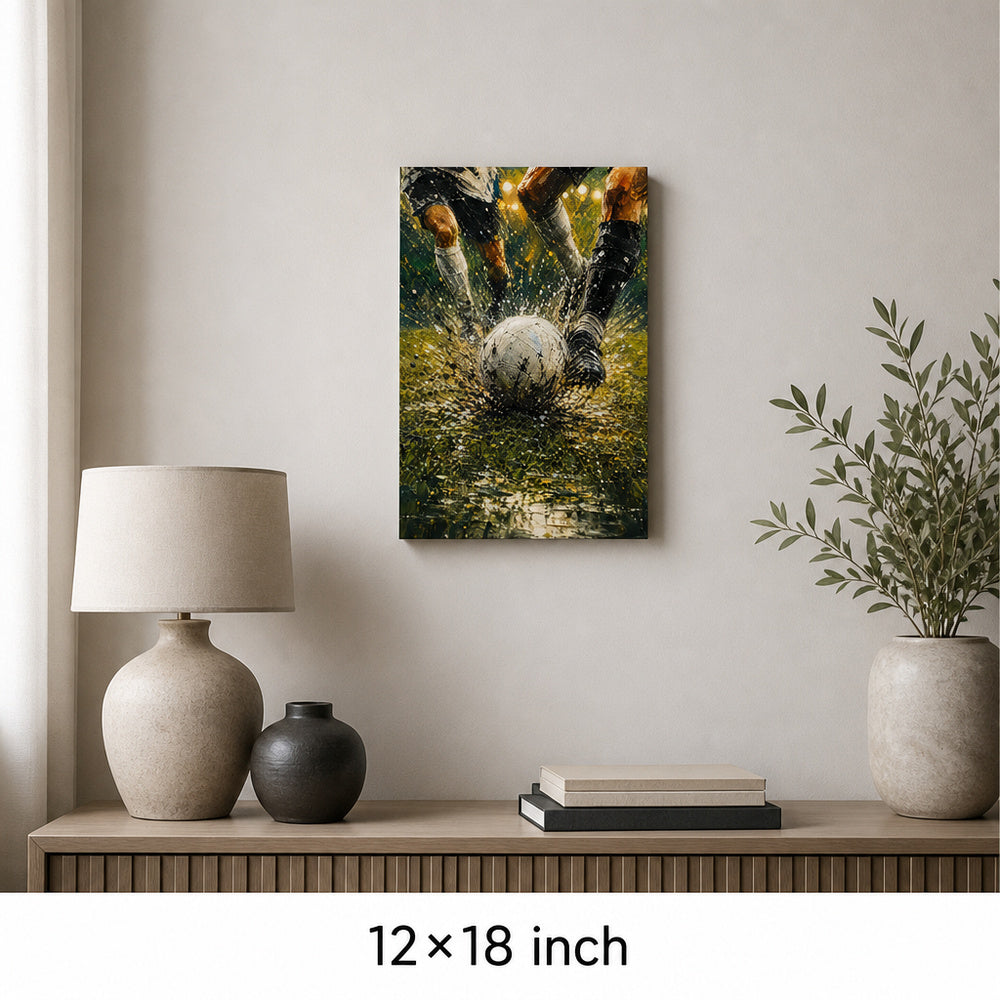 Ball Impact Rain Splatter Football Oil Painting Canvas Wall Art — 12×18 room mockup