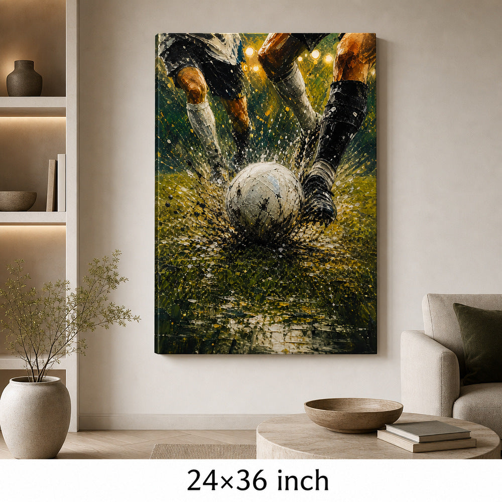 Ball Impact Rain Splatter Football Oil Painting Canvas Wall Art — 24×36 room mockup