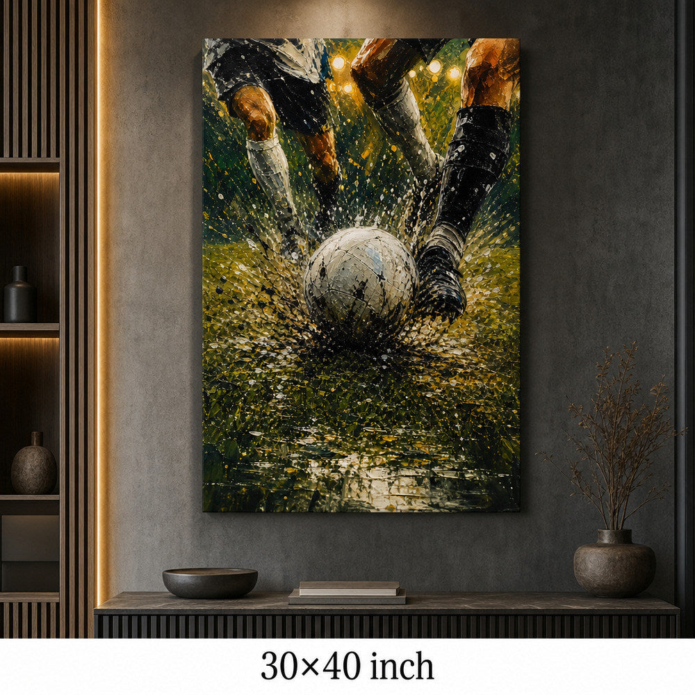 Ball Impact Rain Splatter Football Oil Painting Canvas Wall Art — 30×40 room mockup