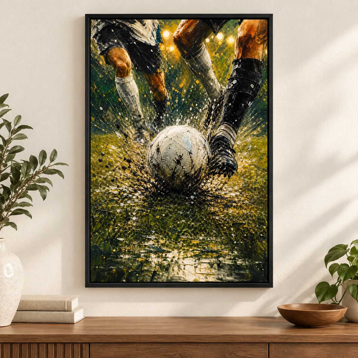 Ball Impact Rain Splatter Football Oil Painting Canvas Wall Art | black_independent_close