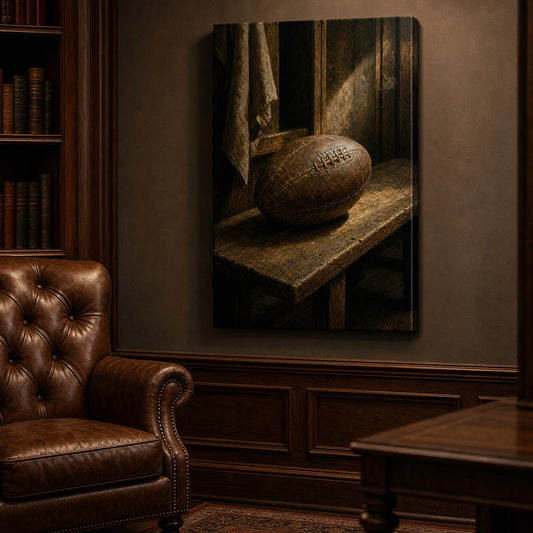 Vintage Leather Football Locker Bench Oil Painting Canvas Wall Art — room scene