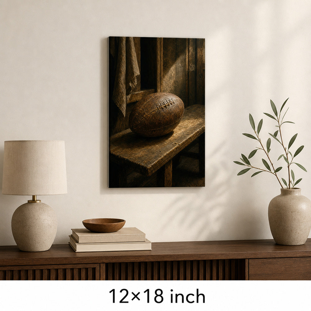 Vintage Leather Football Locker Bench Oil Painting Canvas Wall Art — 12×18 room mockup