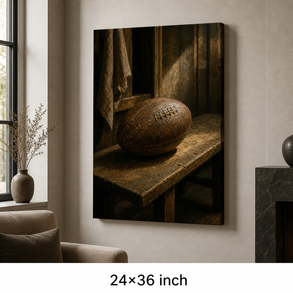 Vintage Leather Football Locker Bench Oil Painting Canvas Wall Art — 24×36 room mockup