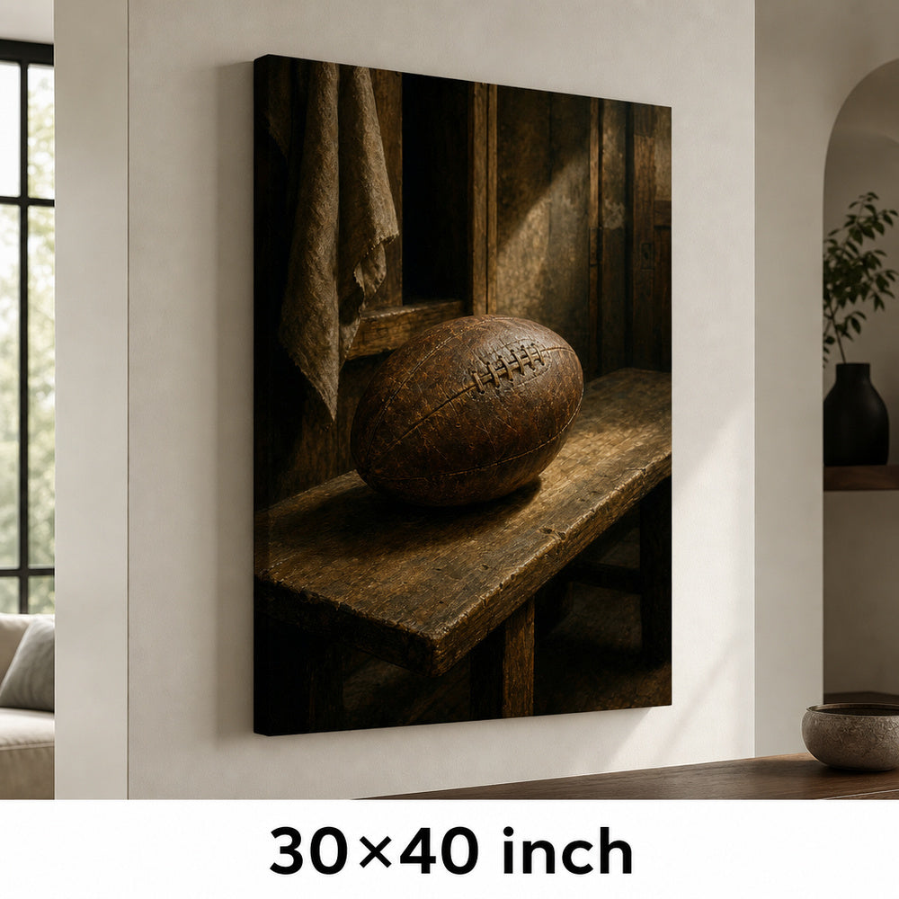 Vintage Leather Football Locker Bench Oil Painting Canvas Wall Art — 30×40 room mockup