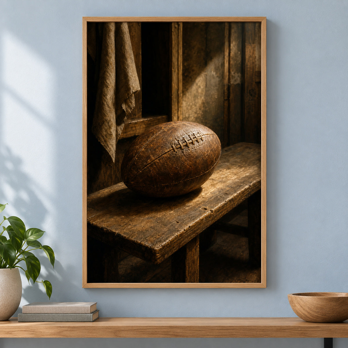 Vintage Leather Football Locker Bench Oil Painting Canvas Wall Art | brown_independent_close