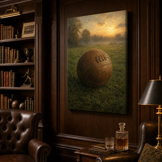 Vintage Leather Football Dawn Grass Oil Painting Canvas Wall Art — room scene