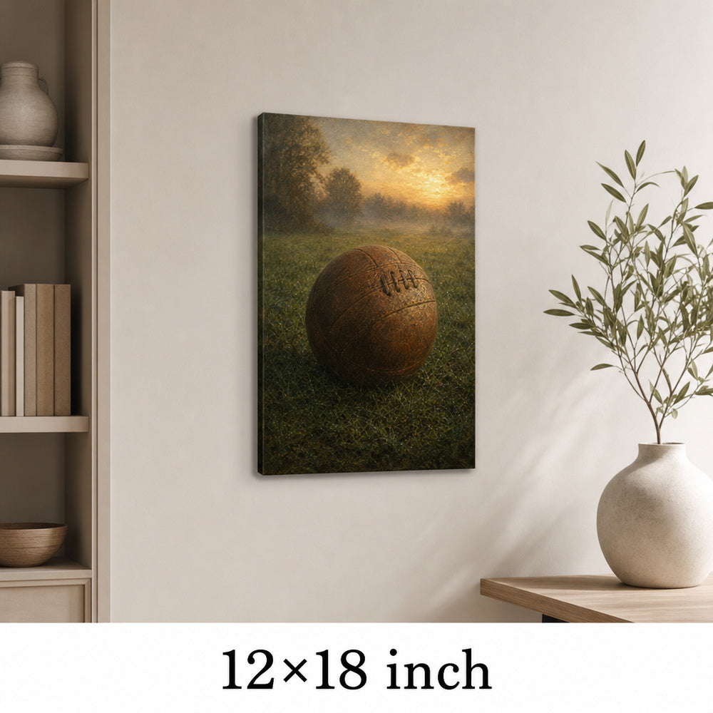 Vintage Leather Football Dawn Grass Oil Painting Canvas Wall Art — 12×18 room mockup