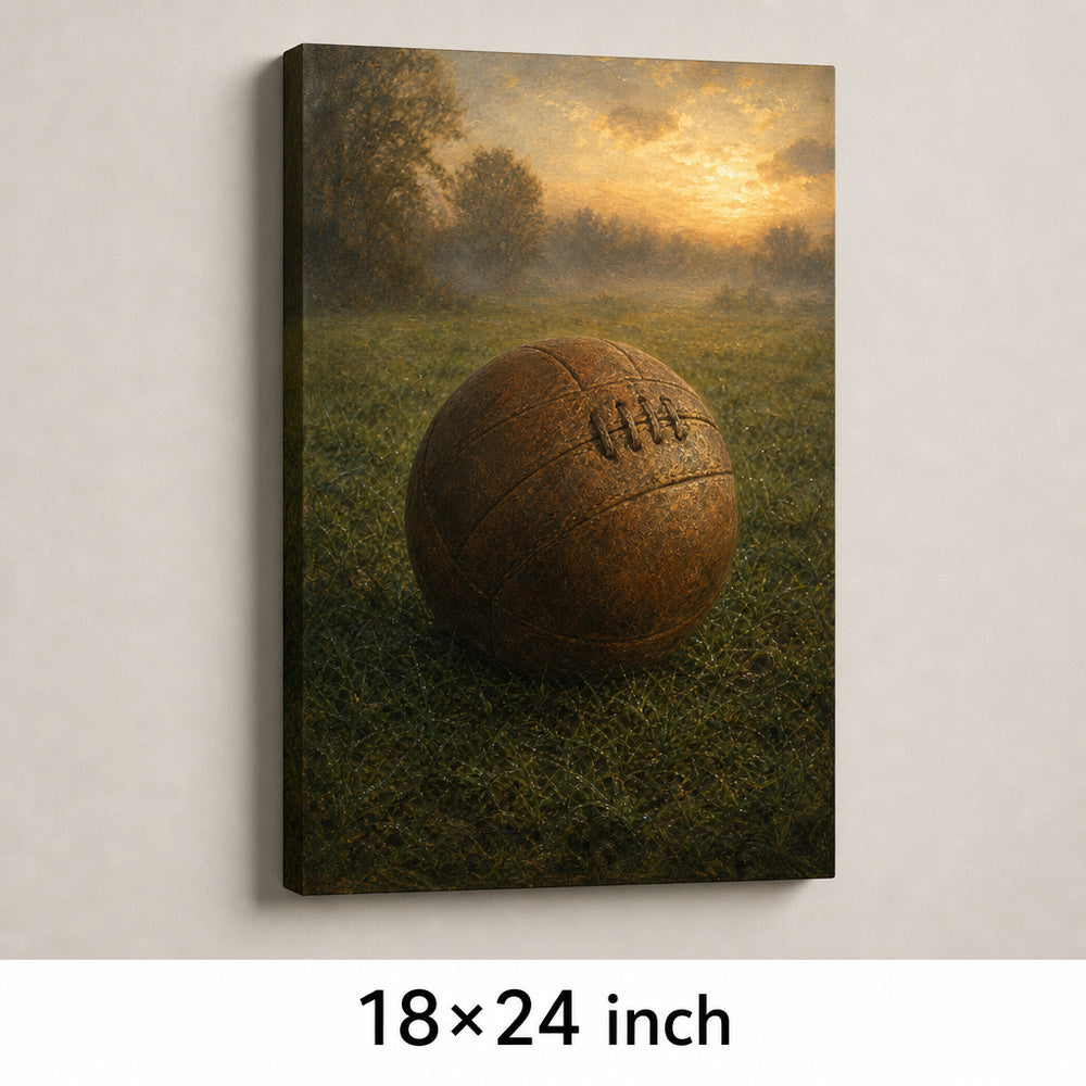 Vintage Leather Football Dawn Grass Oil Painting Canvas Wall Art — 18×24 room mockup