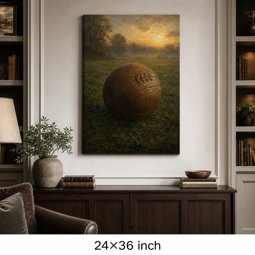 Vintage Leather Football Dawn Grass Oil Painting Canvas Wall Art — 24×36 room mockup