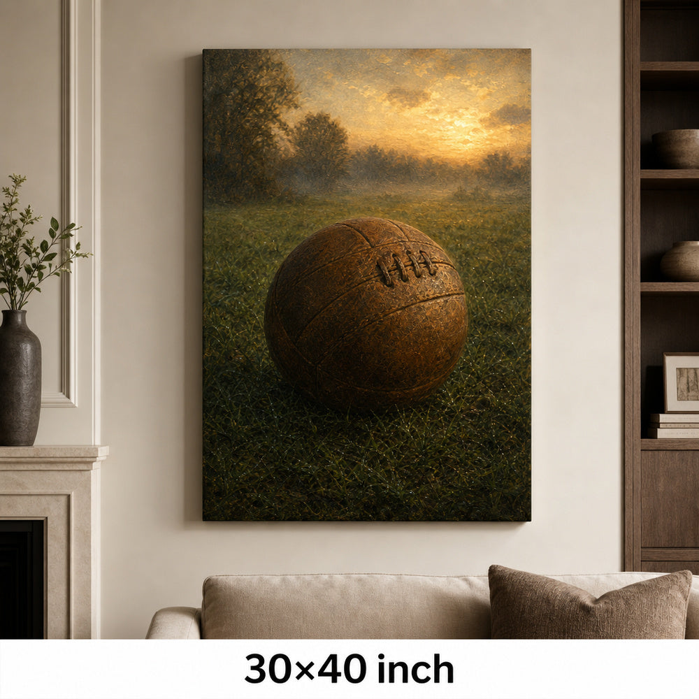 Vintage Leather Football Dawn Grass Oil Painting Canvas Wall Art — 30×40 room mockup
