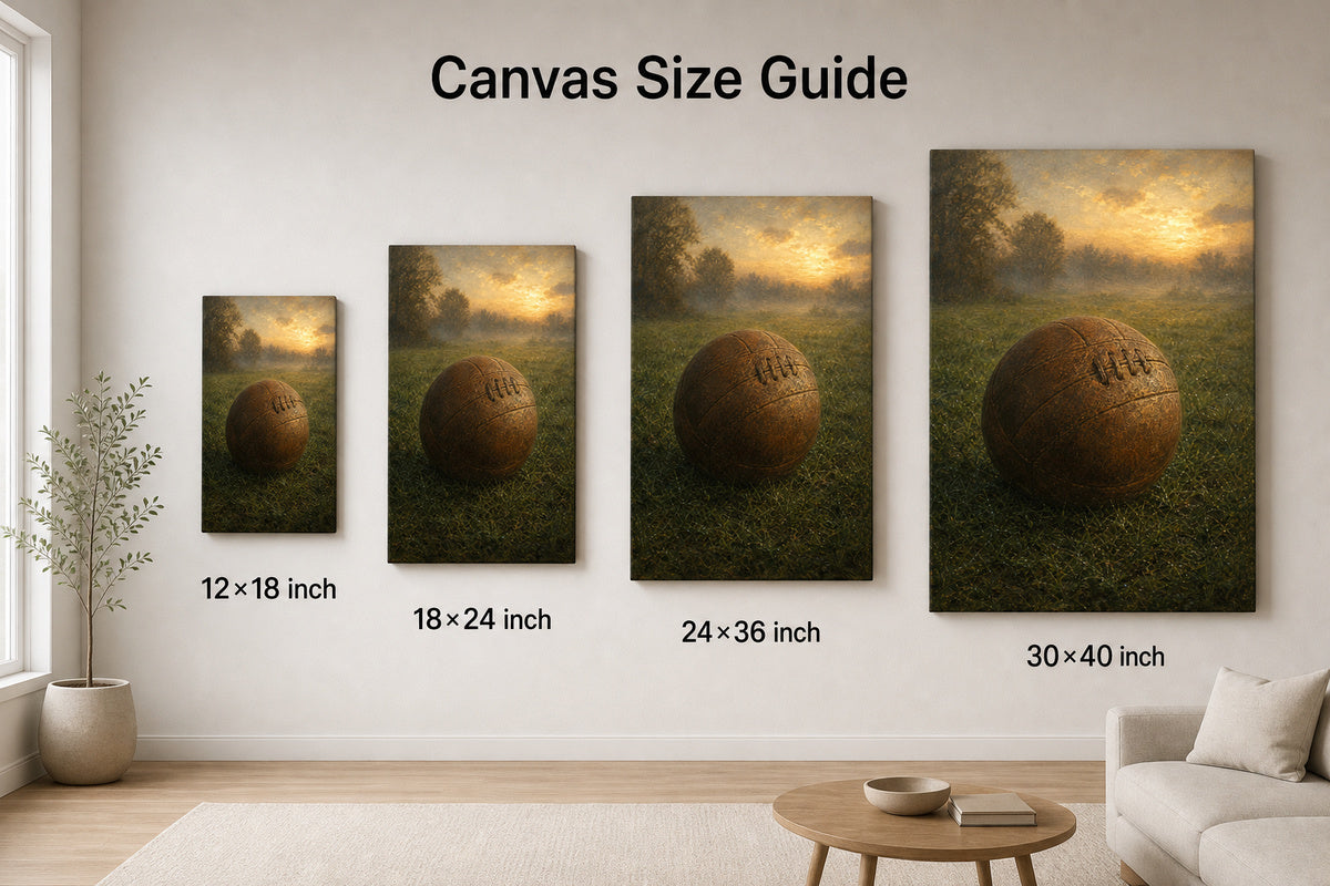 Vintage Leather Football Dawn Grass Oil Painting Canvas Wall Art - 08_size_comparison