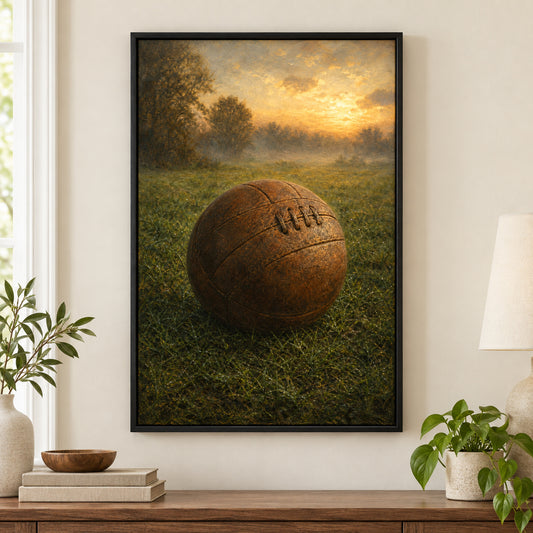 Vintage Leather Football Dawn Grass Oil Painting Canvas Wall Art | black_independent_close
