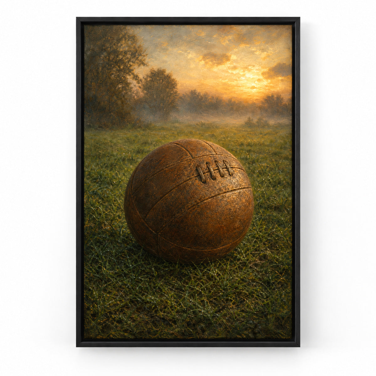 Vintage Leather Football Dawn Grass Oil Painting Canvas Wall Art | black_sku