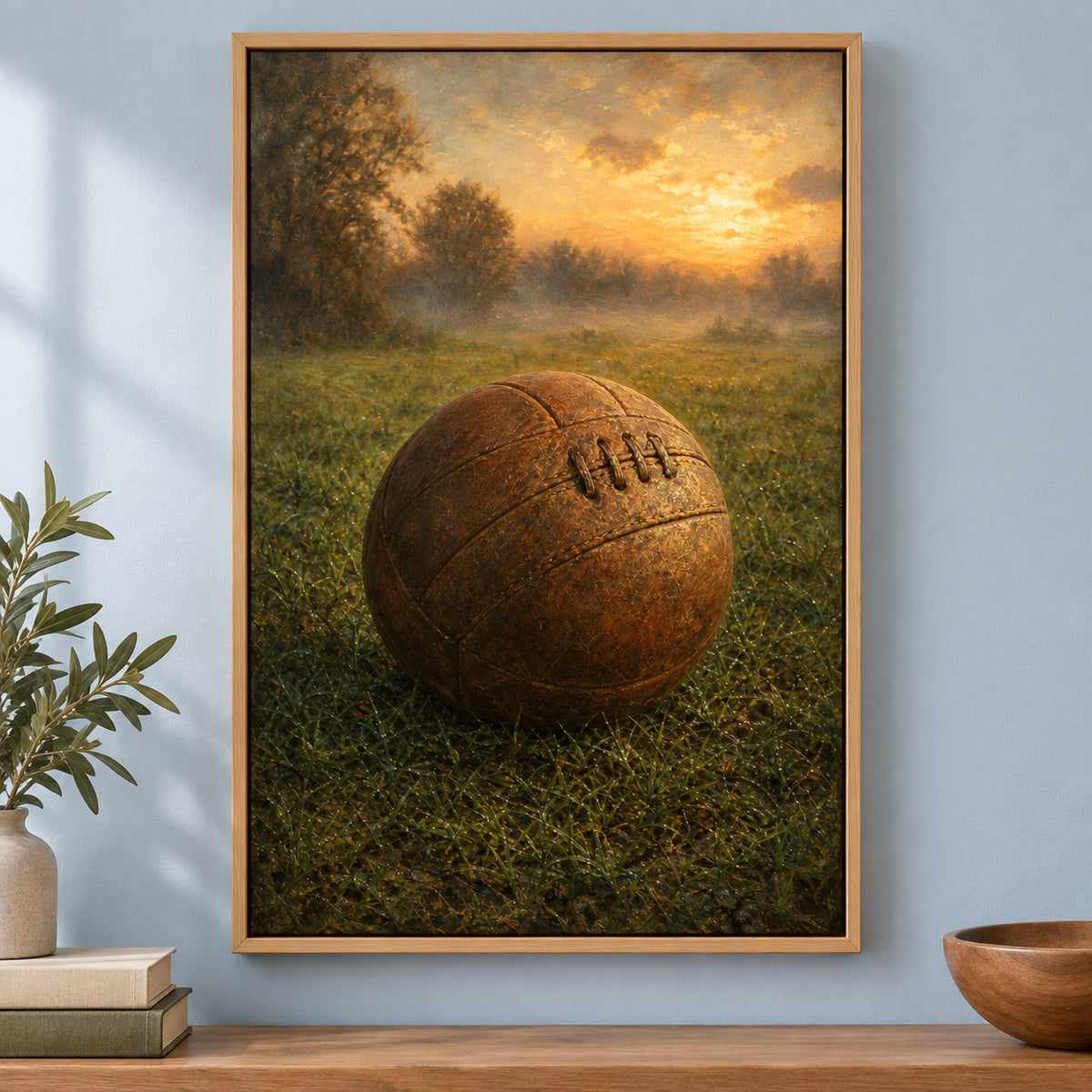 Vintage Leather Football Dawn Grass Oil Painting Canvas Wall Art | brown_independent_close