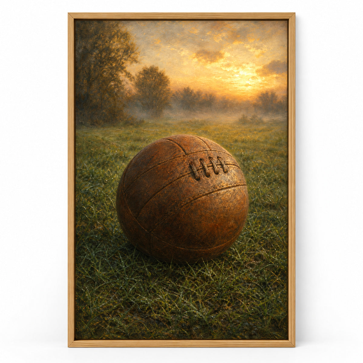 Vintage Leather Football Dawn Grass Oil Painting Canvas Wall Art | brown_sku