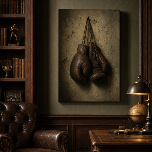 Hanging Vintage Boxing Gloves Oil Painting Canvas Wall Art — room scene