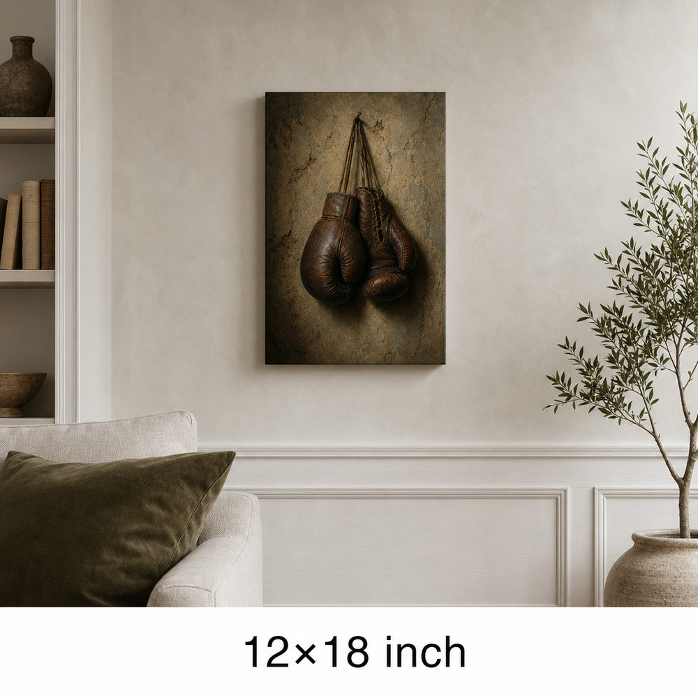 Hanging Vintage Boxing Gloves Oil Painting Canvas Wall Art — 12×18 room mockup