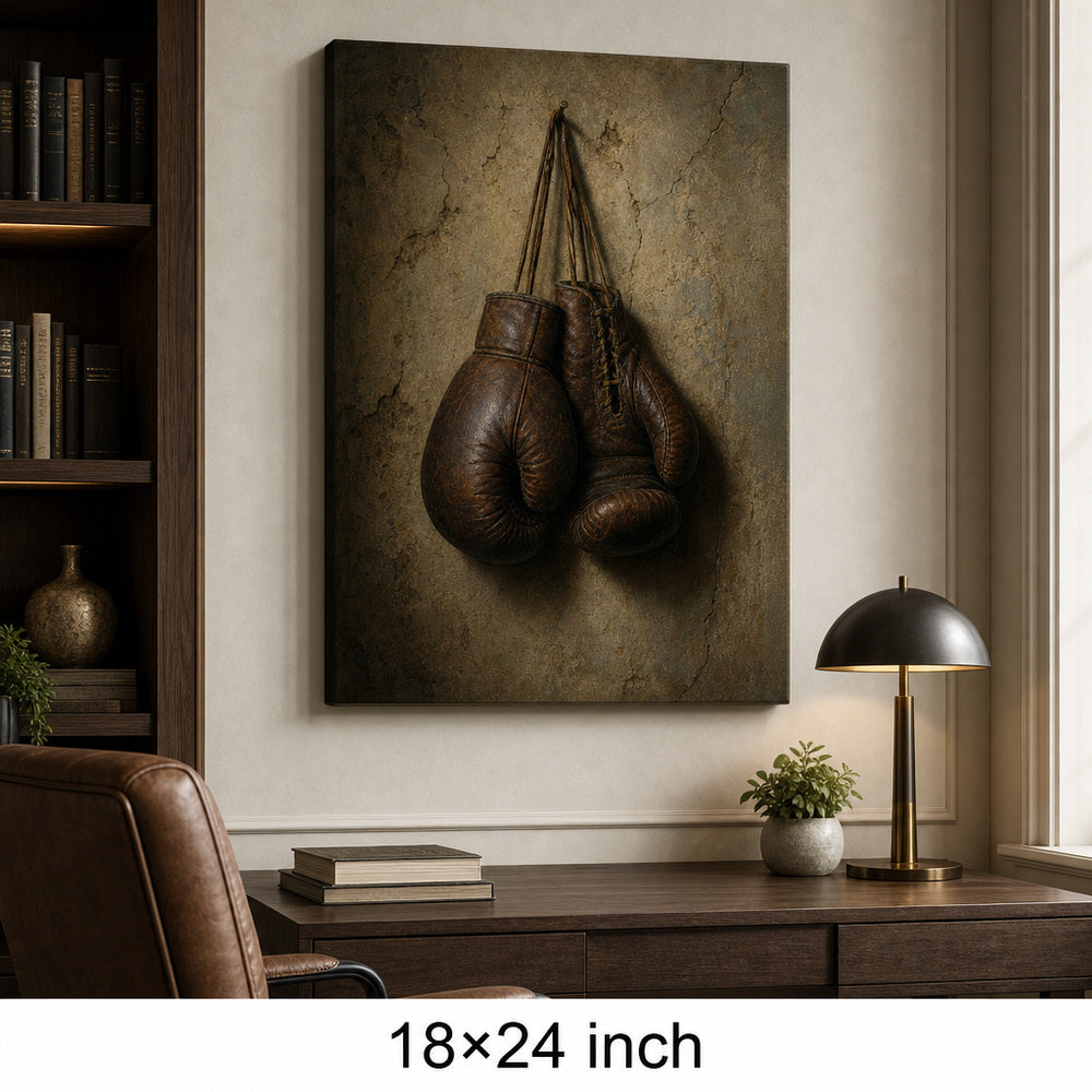 Hanging Vintage Boxing Gloves Oil Painting Canvas Wall Art — 18×24 room mockup