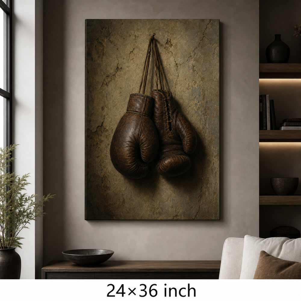 Hanging Vintage Boxing Gloves Oil Painting Canvas Wall Art — 24×36 room mockup