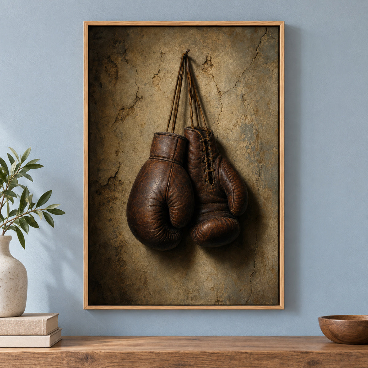 Hanging Vintage Boxing Gloves Oil Painting Canvas Wall Art | brown_independent_close