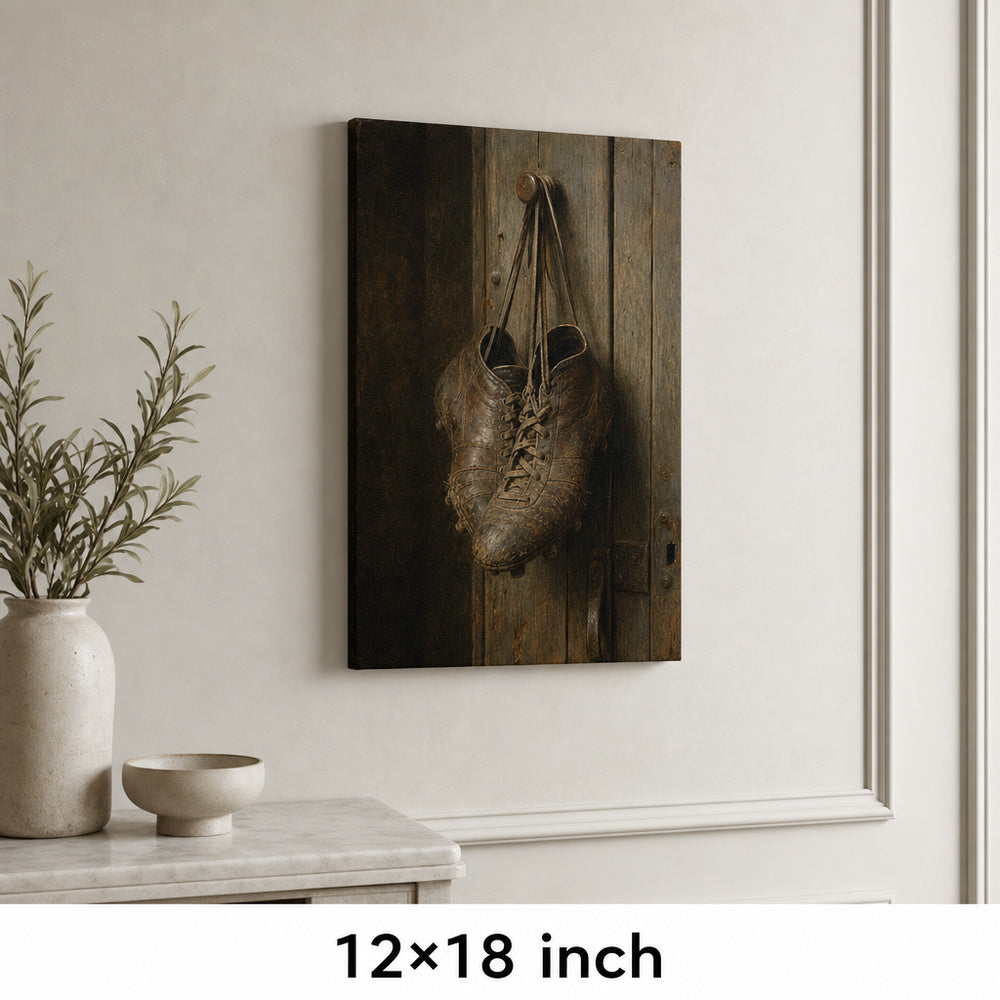 Hanging Old Leather Football Boots Oil Painting Canvas Wall Art — 12×18 room mockup