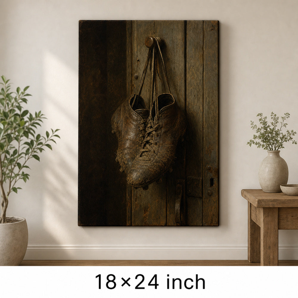 Hanging Old Leather Football Boots Oil Painting Canvas Wall Art — 18×24 room mockup