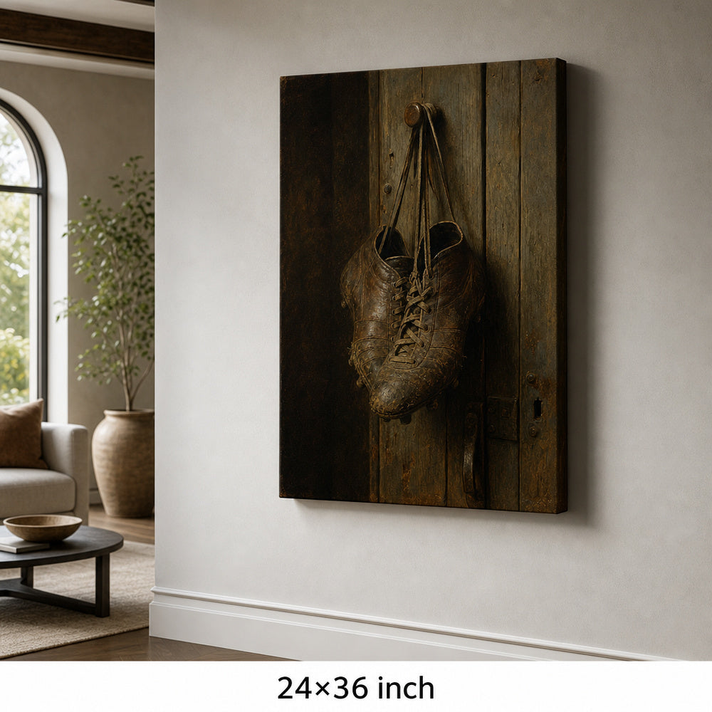 Hanging Old Leather Football Boots Oil Painting Canvas Wall Art — 24×36 room mockup