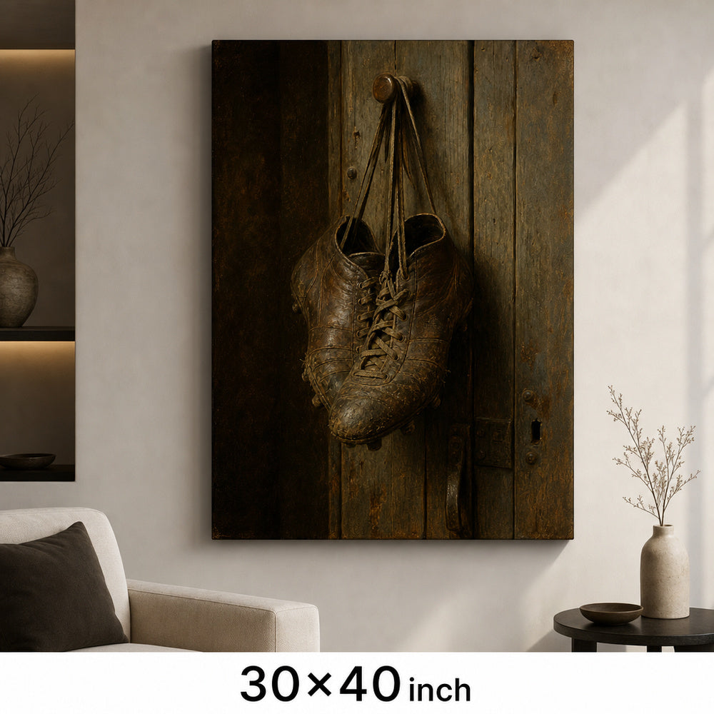 Hanging Old Leather Football Boots Oil Painting Canvas Wall Art — 30×40 room mockup