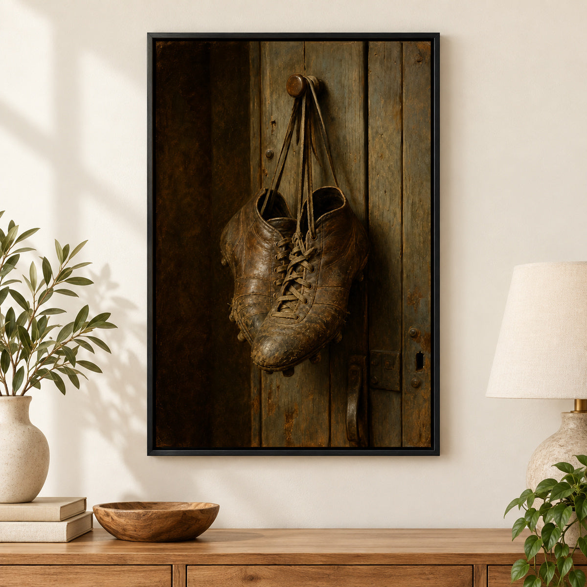 Hanging Old Leather Football Boots Oil Painting Canvas Wall Art | black_independent_close