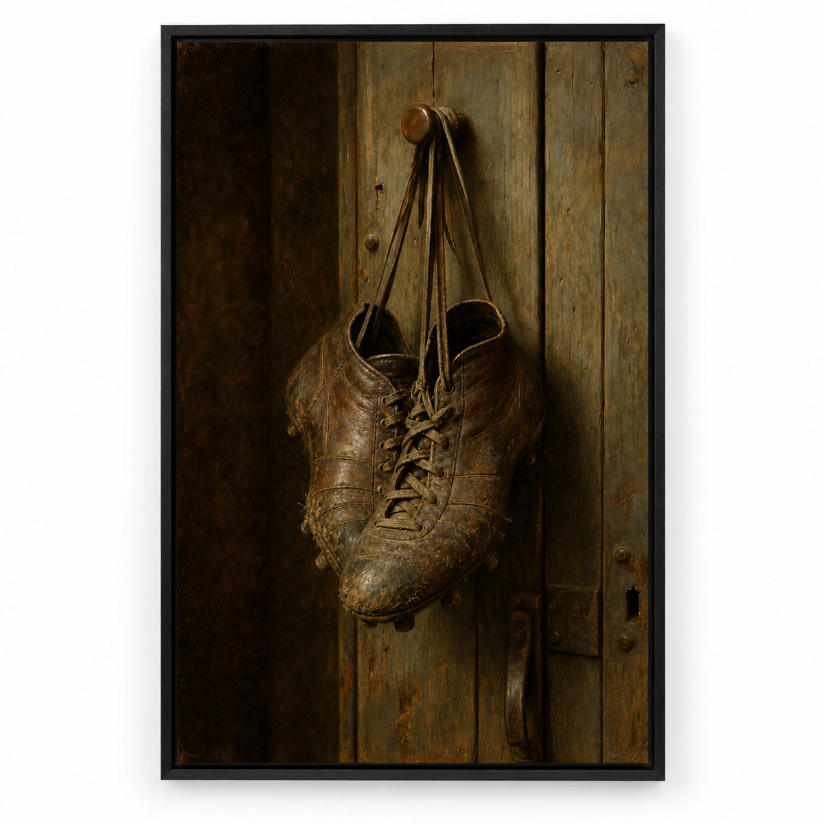 Hanging Old Leather Football Boots Oil Painting Canvas Wall Art | black_sku
