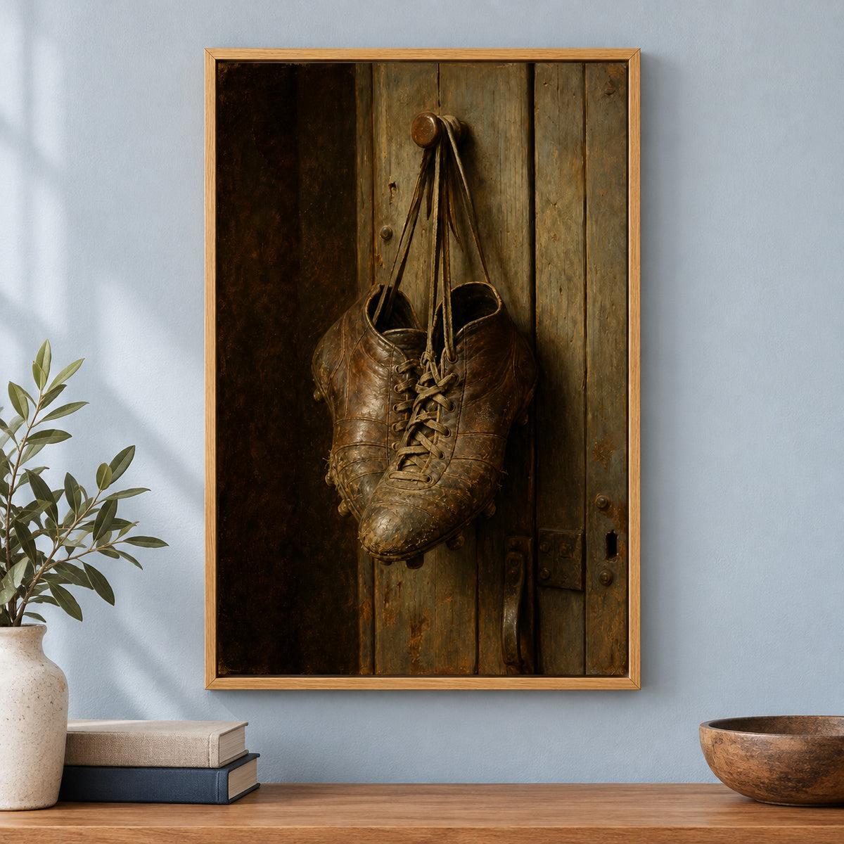 Hanging Old Leather Football Boots Oil Painting Canvas Wall Art | brown_independent_close