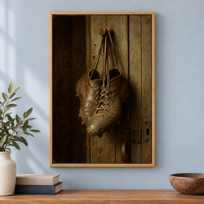 Hanging Old Leather Football Boots Oil Painting Canvas Wall Art | brown_independent_close