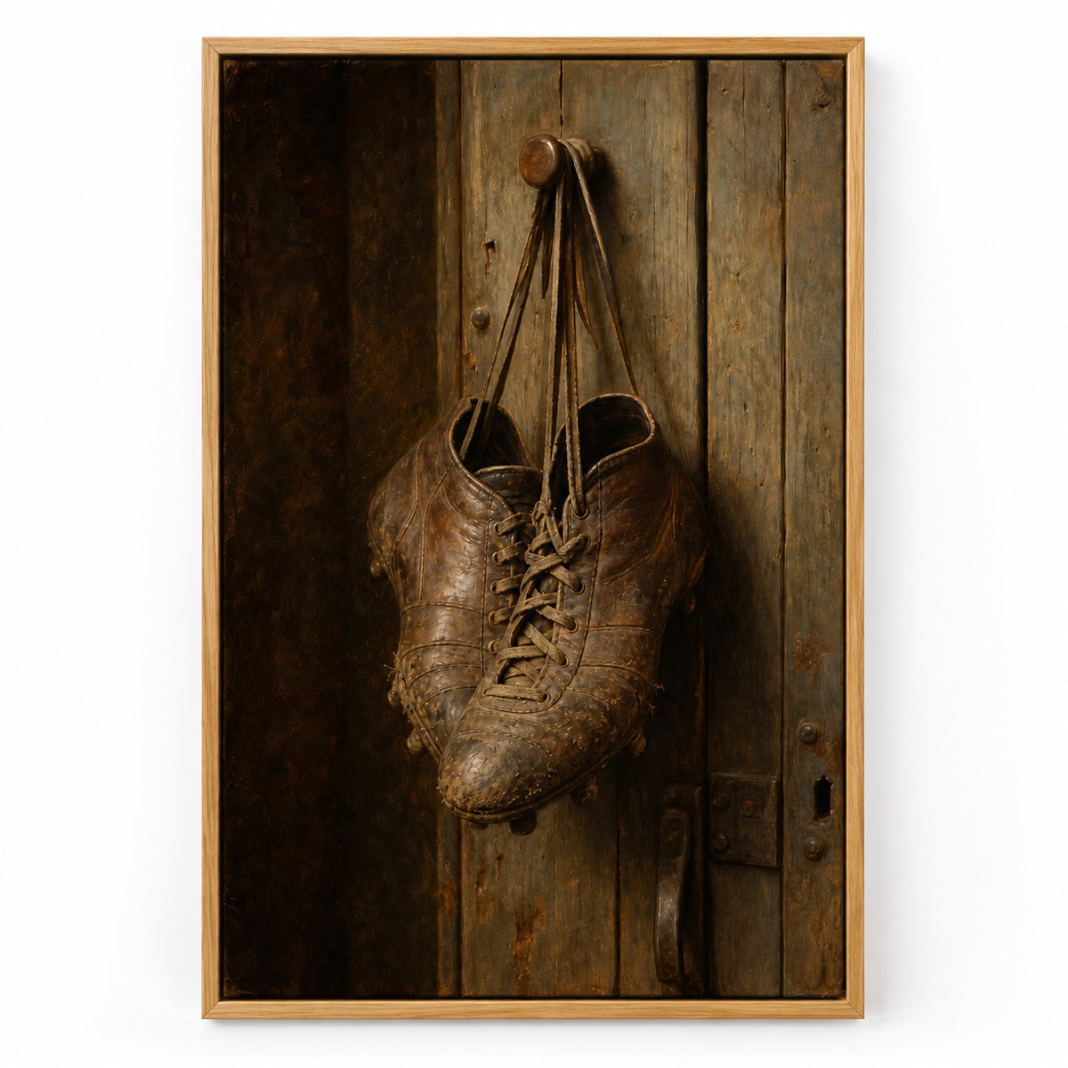 Hanging Old Leather Football Boots Oil Painting Canvas Wall Art | brown_sku