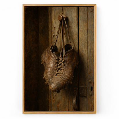Hanging Old Leather Football Boots Oil Painting Canvas Wall Art | brown_sku