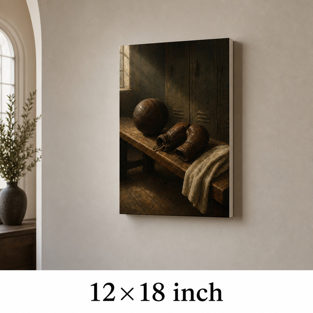 Vintage Sports Equipment Still Life Oil Painting Canvas Wall Art — 12×18 room mockup