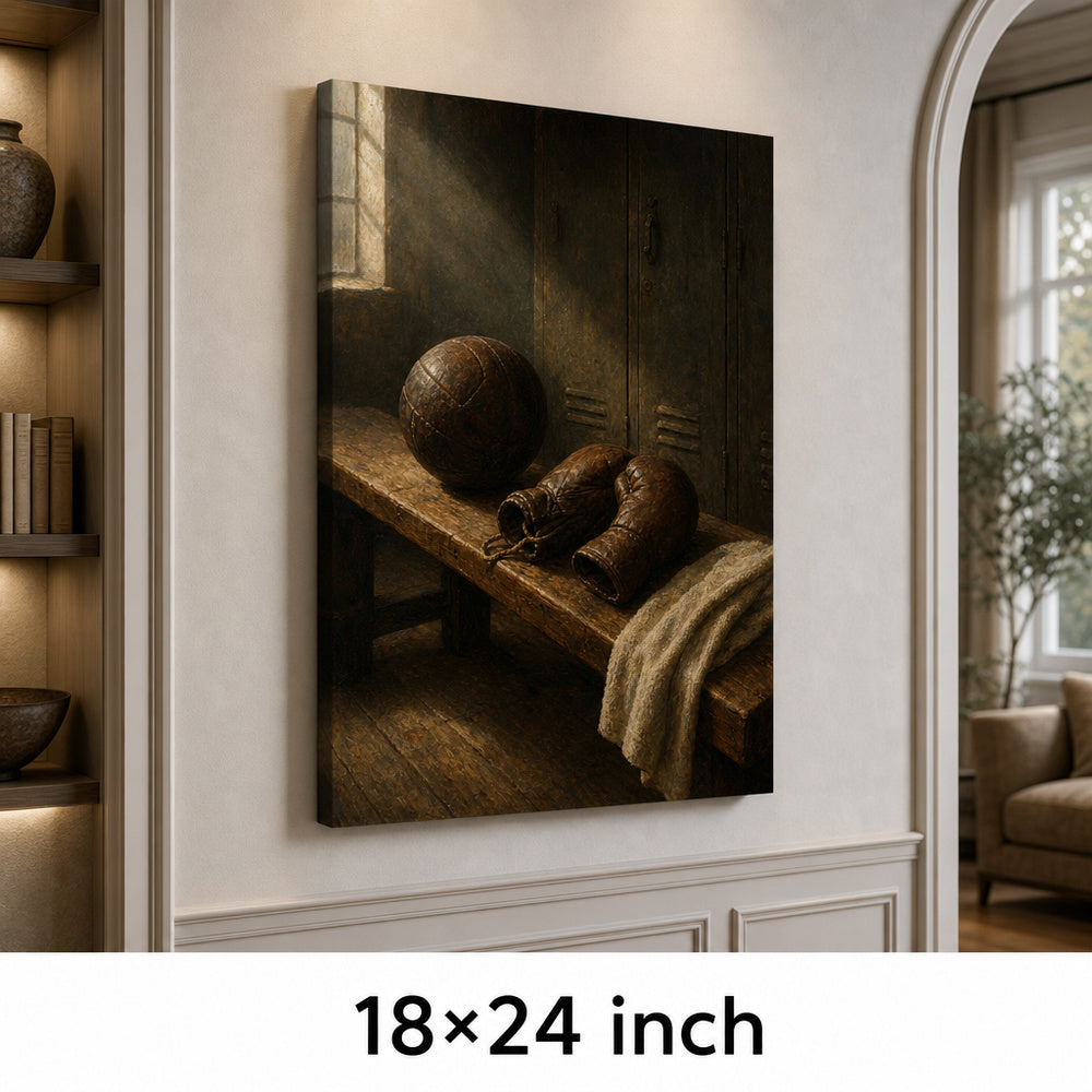 Vintage Sports Equipment Still Life Oil Painting Canvas Wall Art — 18×24 room mockup
