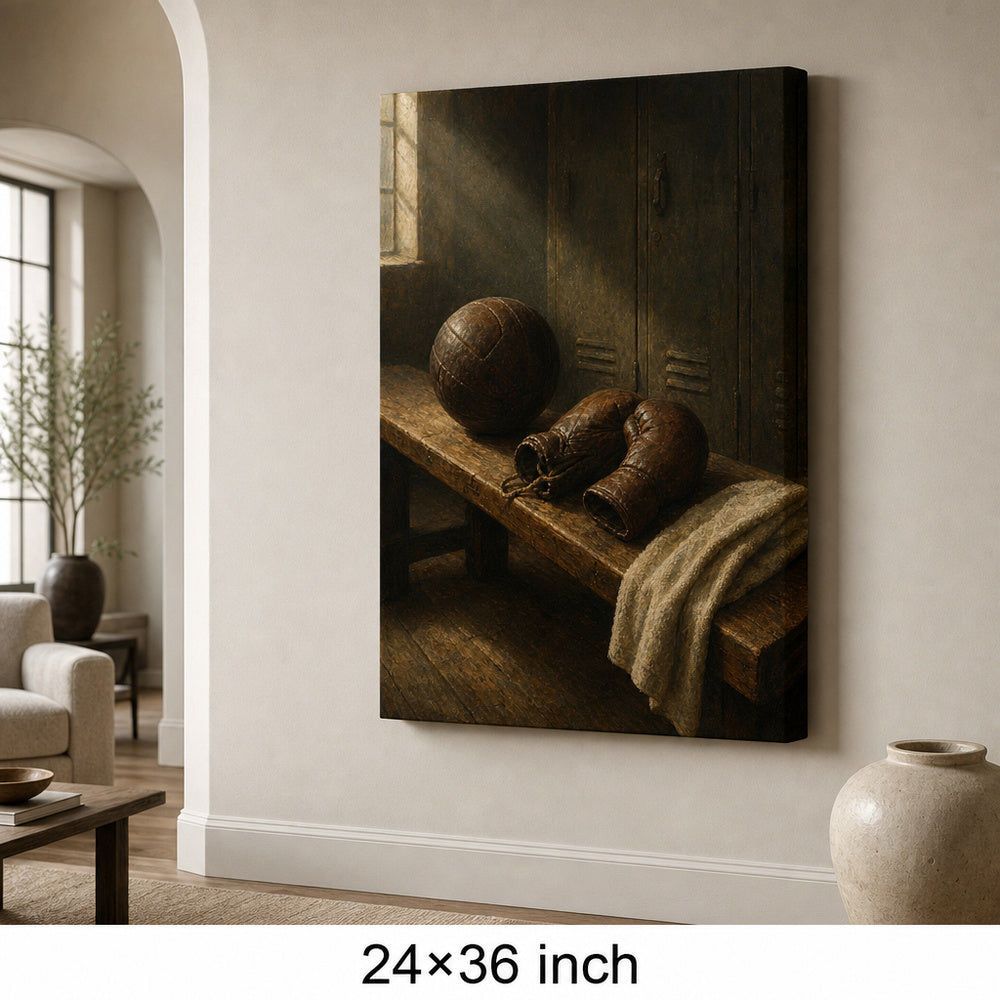 Vintage Sports Equipment Still Life Oil Painting Canvas Wall Art — 24×36 room mockup