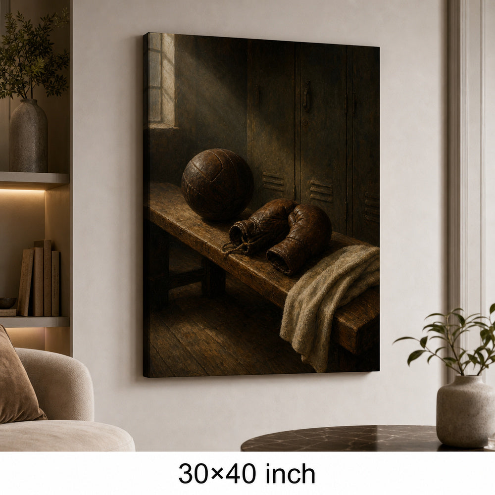Vintage Sports Equipment Still Life Oil Painting Canvas Wall Art — 30×40 room mockup