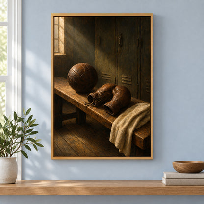 Vintage Sports Equipment Still Life Oil Painting Canvas Wall Art | brown_independent_close