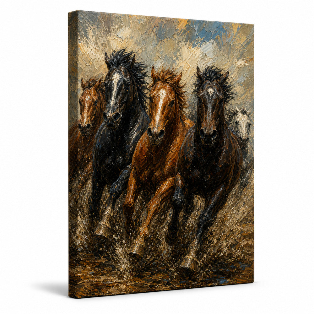 Wild Horse Mud Track Head-to-Head Oil Painting Canvas Wall Art - 01_main_white_left_wrap