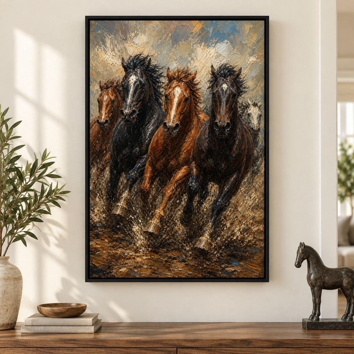 Wild Horse Mud Track Head-to-Head Oil Painting Canvas Wall Art | black_independent_close