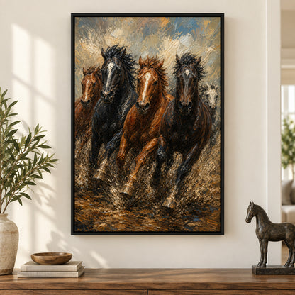Wild Horse Mud Track Head-to-Head Oil Painting Canvas Wall Art | black_independent_close