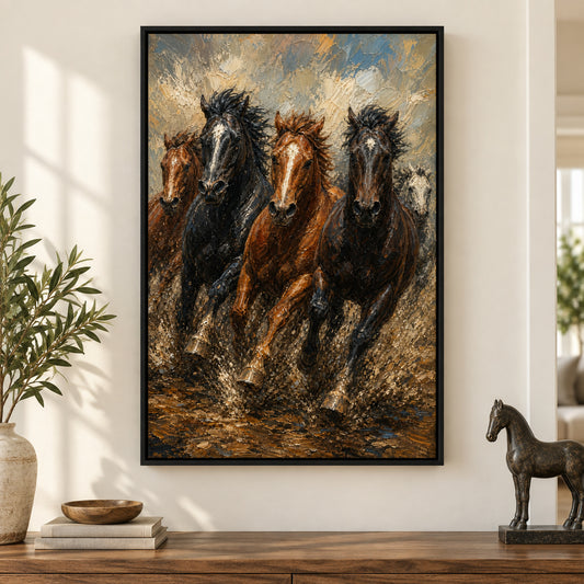 Wild Horse Mud Track Head-to-Head Oil Painting Canvas Wall Art | black_independent_close