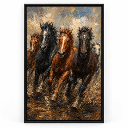 Wild Horse Mud Track Head-to-Head Oil Painting Canvas Wall Art | black_sku