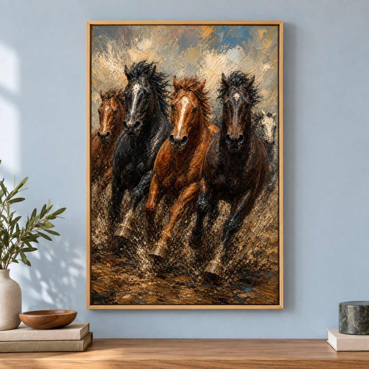 Wild Horse Mud Track Head-to-Head Oil Painting Canvas Wall Art | brown_independent_close