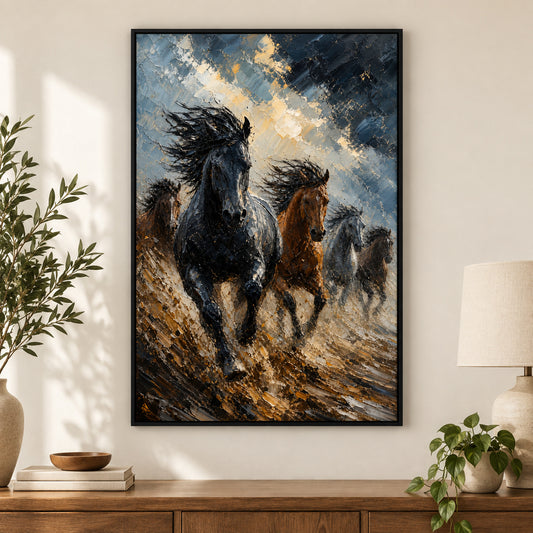 Wild Horse Storm Light Surge Oil Painting Canvas Wall Art | black_independent_close