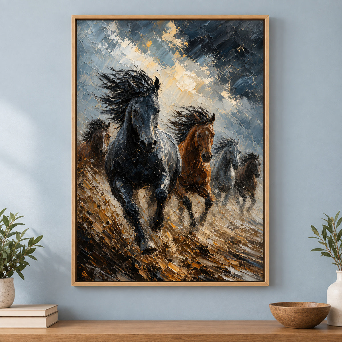 Wild Horse Storm Light Surge Oil Painting Canvas Wall Art | brown_independent_close