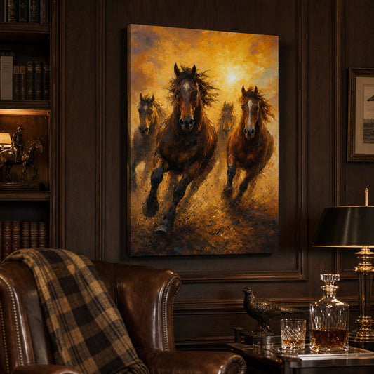 Wild Horse Dawn Gold Dust Oil Painting Canvas Wall Art — room scene