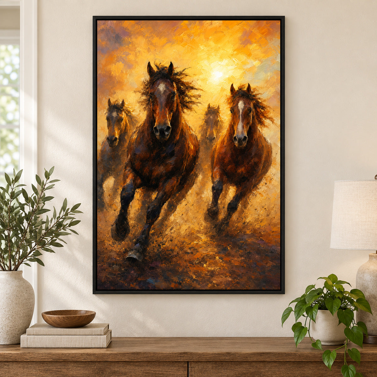 Wild Horse Dawn Gold Dust Oil Painting Canvas Wall Art | black_independent_close